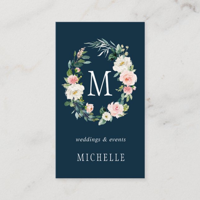 Navy Spring Blush Floral Wreath Monogram Business Card (Front)