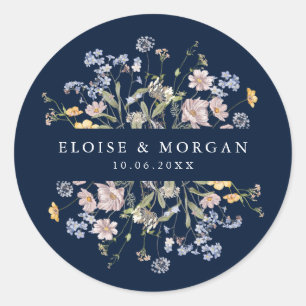 Navy Spring Wildflower Meadow Garden Wedding  Classic Round Sticker