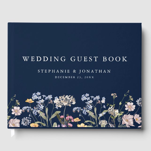 Navy Spring Wildflower Meadow Garden Wedding  Guest Book (Front)