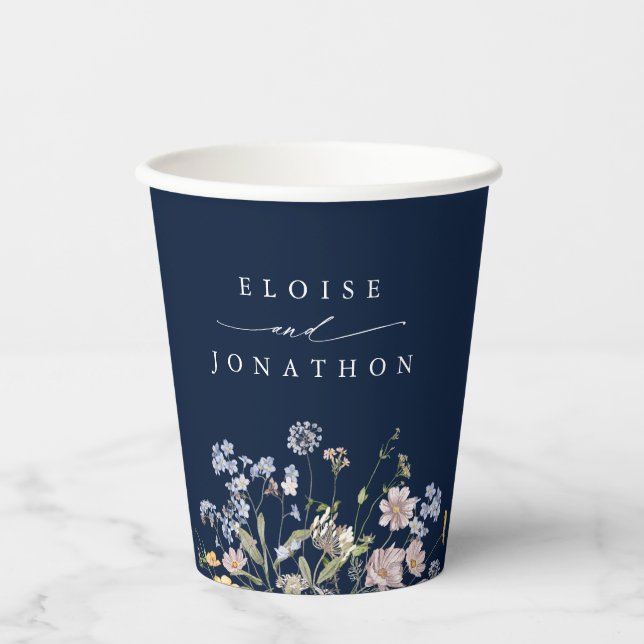 Navy Spring Wildflower Meadow Garden Wedding  Paper Cups (Front)