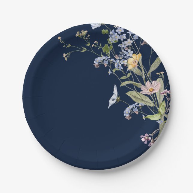 Navy Spring Wildflower Meadow Garden Wedding Paper Plate (Front)