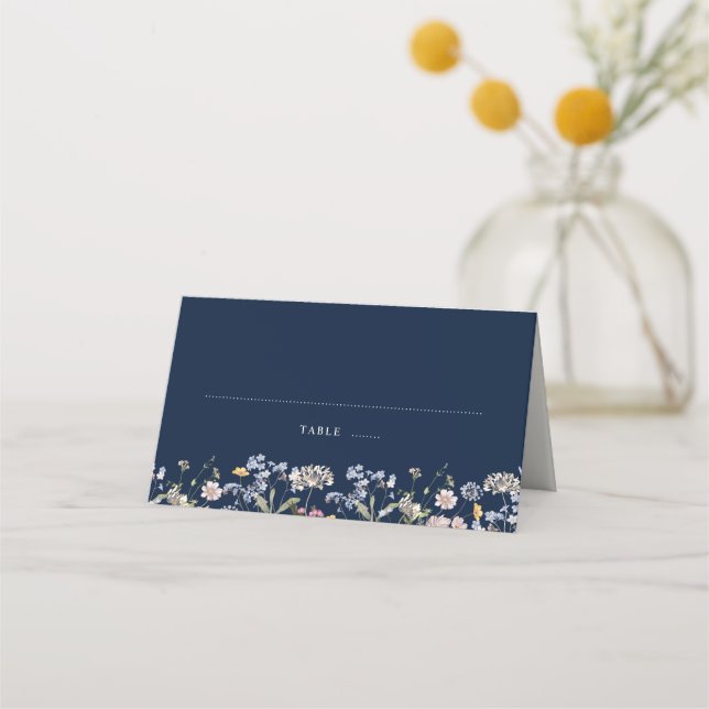 Navy Spring Wildflower Meadow Garden Wedding Place Card (Front)
