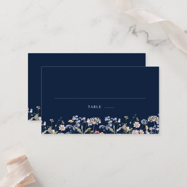Navy Spring Wildflower Meadow Garden Wedding  Place Card (Front/Back In Situ)