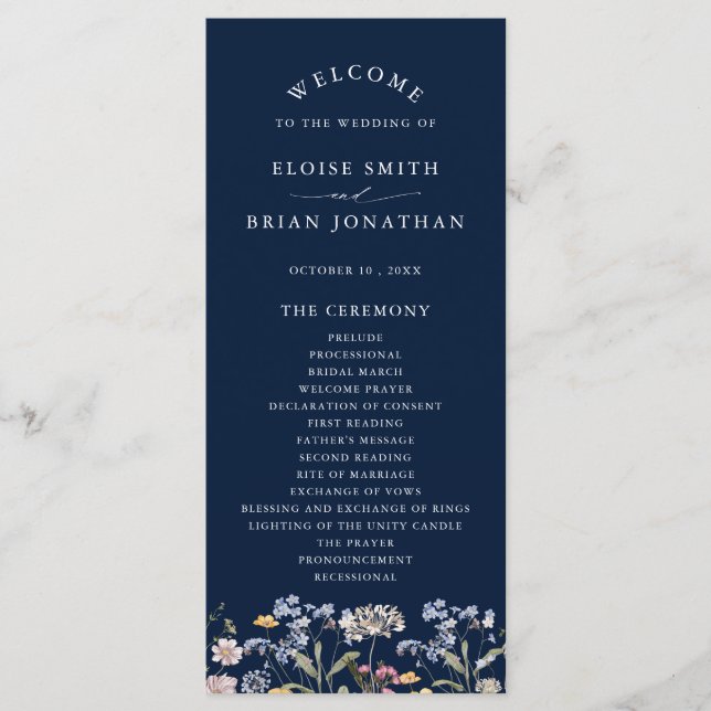Navy Spring Wildflower Meadow Garden Wedding  Programme (Front)