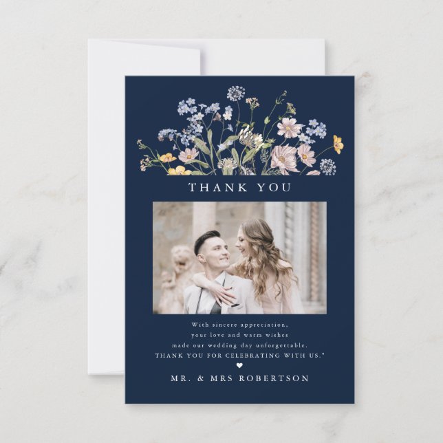 Navy Spring Wildflower Meadow Garden Wedding  Thank You Card (Front)