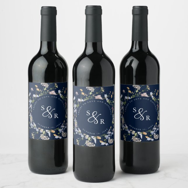 Navy Spring Wildflower Meadow Garden Wedding  Wine Label (Bottles)