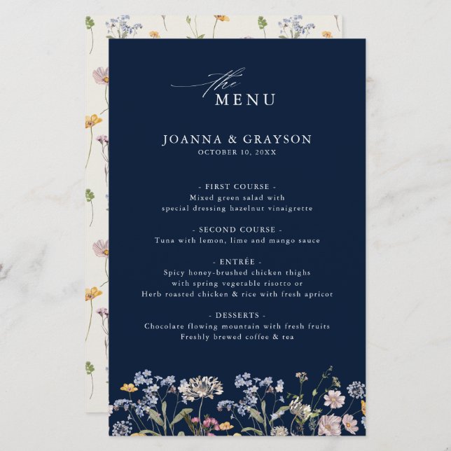Navy Spring Wildflower Meadow  Wedding Menu (Front/Back)