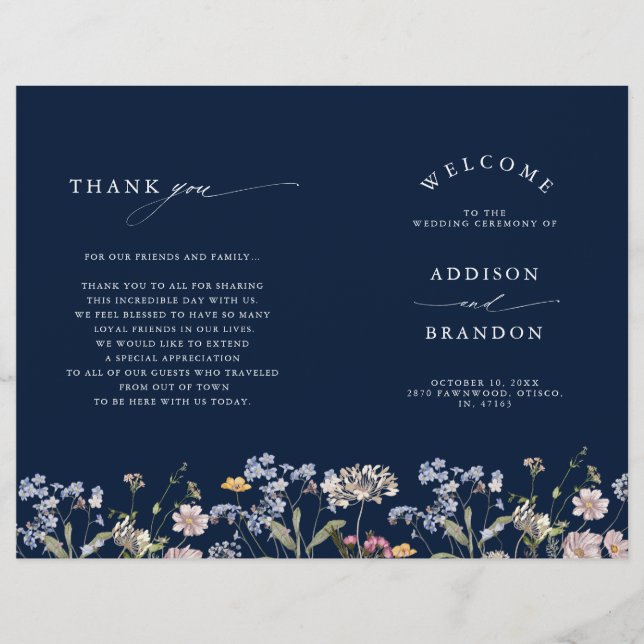 Navy Spring Wildflower Meadow  Wedding Program (Front)