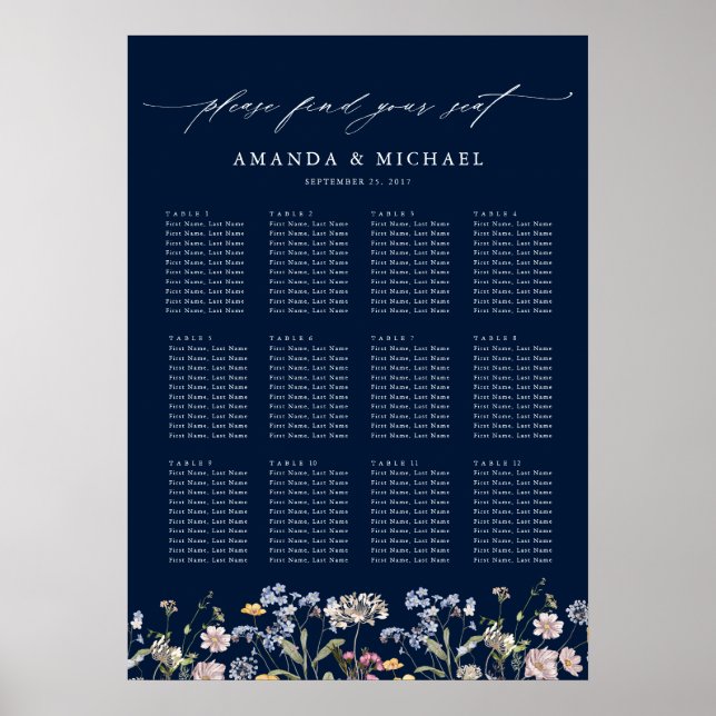 Navy Spring Wildflower  Wedding Seating Chart (Front)