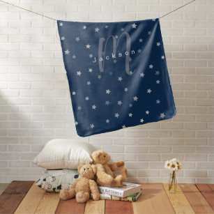Navy star pattern personalised name and monogram baby blanket
