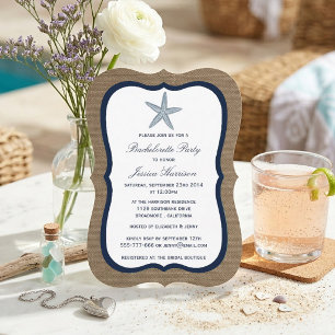 Navy Starfish Beach Burlap Bachelorette Party Invitation