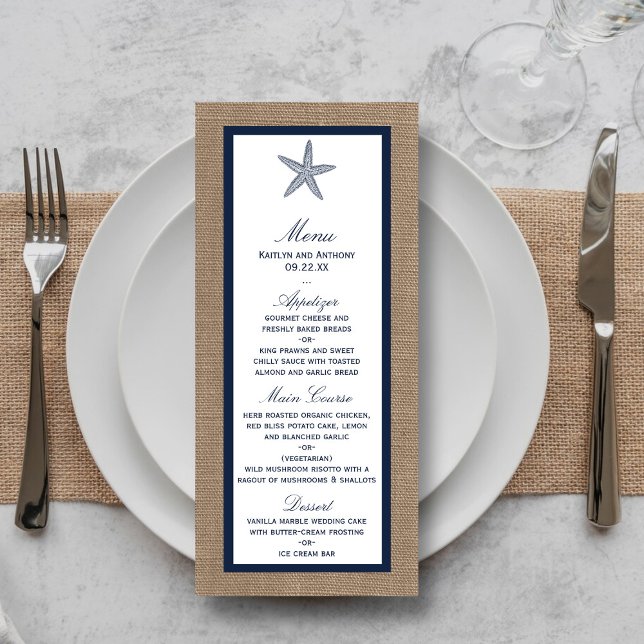 Navy Starfish Burlap Beach Wedding Menu (Creator Uploaded)
