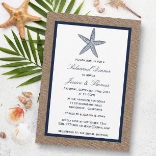 Navy Starfish On Burlap Beach Rehearsal Dinner Invitation