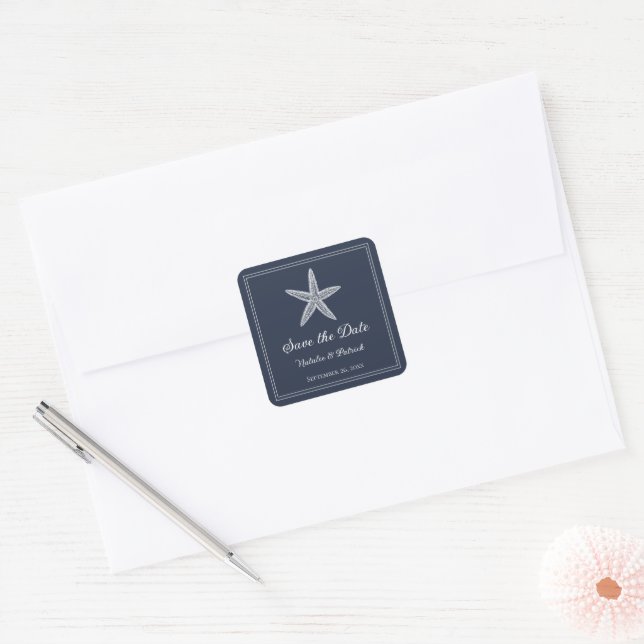 Navy Starfish Save the Date Square Sticker (Envelope)