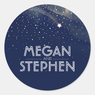 Navy Starry Night Shooting Star Wedding Classic Round Sticker