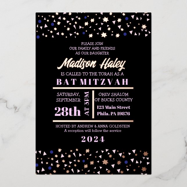 Navy Stars Bar Bat Mitzvah Invitation Gold Inlay (Front)