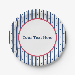 Navy Stars Stripes Red Border, American, Patriotic Paper Plate
