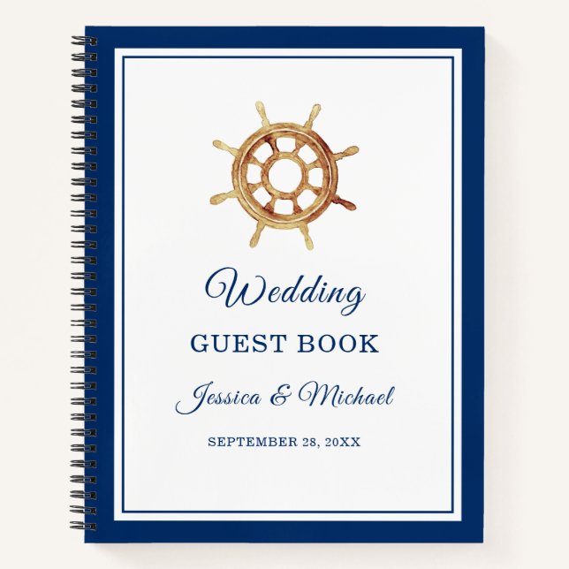 Navy Steering Wheel Nautical Wedding Guest Book (Front)