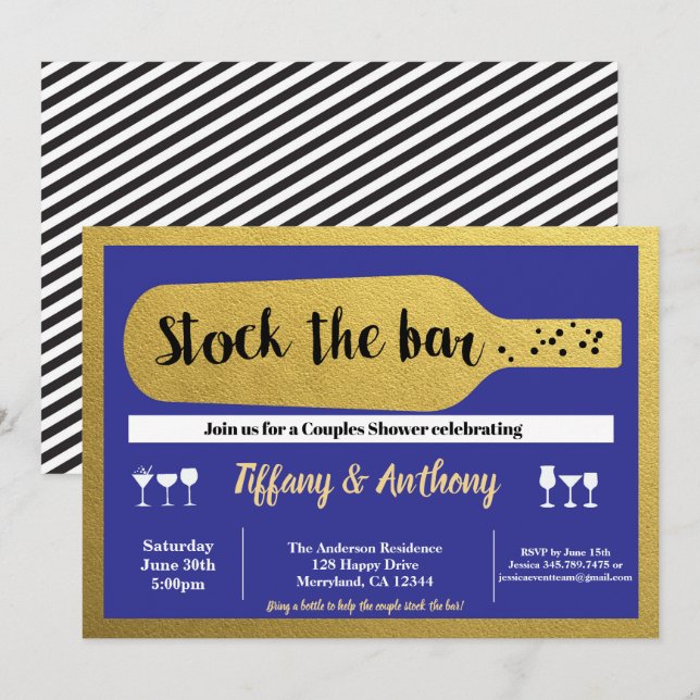 Navy stock the bar invitation blue and gold (Front/Back)