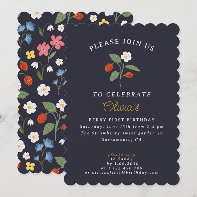 Navy Strawberry first birthday Invitation (Front/Back)