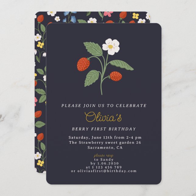 Navy Strawberry first birthday Invitation (Front/Back)
