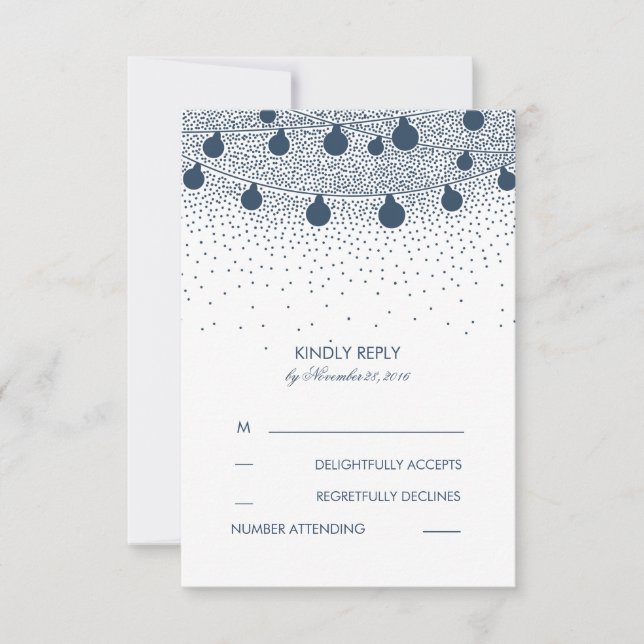 Navy String Lights Rustic Wedding RSVP Cards (Front)