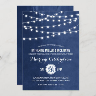 Navy String Lights Wedding Reception Invitation