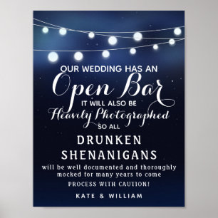 Navy String of lights Open Bar wedding sign