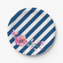 Navy Stripe and Pink Floral Paper Plate