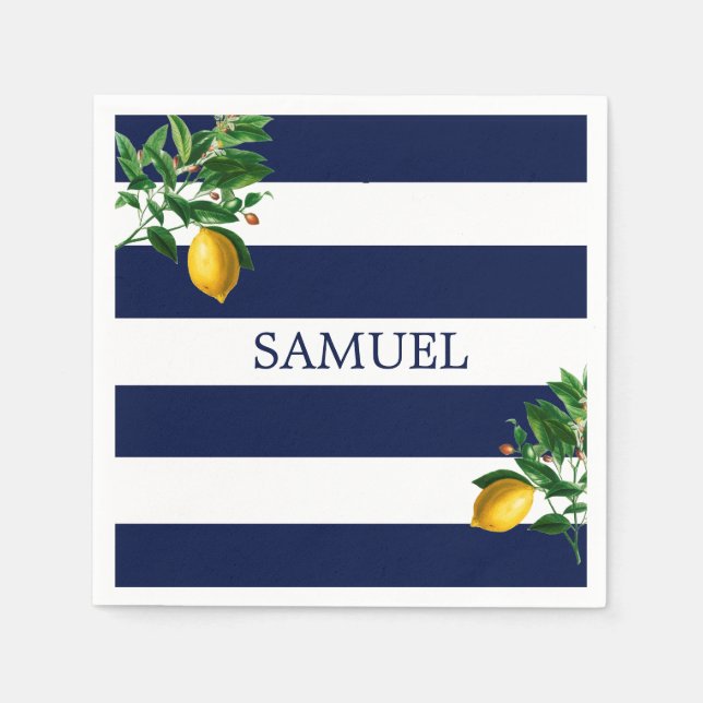 Navy Stripe Lemons Chic Napkin (Front)