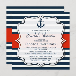 Navy Stripe Nautical Anchor Bridal Shower Invitation