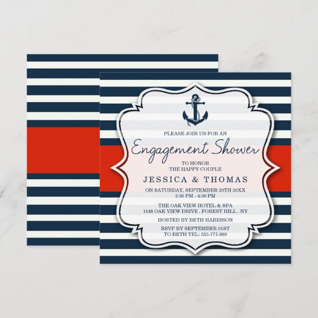 Navy Stripe Nautical Anchor Engagement Shower Invitation (Front/Back)