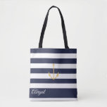 Navy Stripe Nautical Anchor Personalised Tote Bag<br><div class="desc">Nautical anchor on navy blue and white stripe background,  personalised bridal party tote bag. Personalise text,  font style,  colour and size. Stripes shown in navy blue can be customised to your choice of colour.</div>