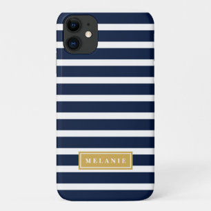 Navy Stripe Pattern Gold Name Template iPhone 11 Case