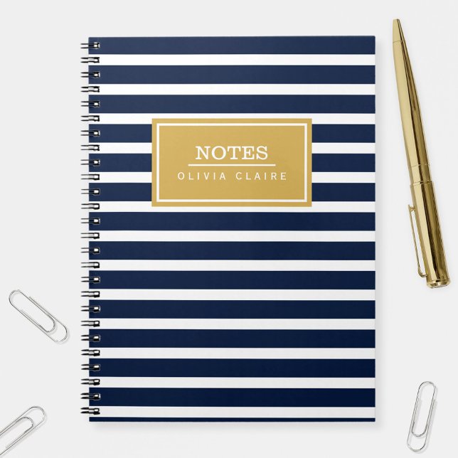 Navy Stripe Pattern Gold Name Template Notebook (Creator Uploaded)