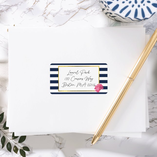 Navy Stripe & Pink Peony Address Labels (Creator Uploaded)