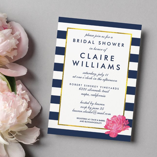 Navy Stripe & Pink Peony Bridal Shower Invitations (Creator Uploaded)