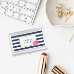 Navy Stripe & Pink Peony Business Card Holder<br><div class="desc">This sleek and feminine business card holder features a bold navy blue and white stripe background, faux gold border, and a pretty pink peony in soft watercolors. Coordinates with our Navy Stripe & Pink Peony office accessories, paper products, and accessories. Customise with a name or the text of your choice....</div>