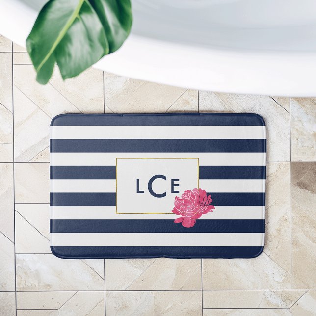 Navy Stripe & Pink Peony Monogram Bath Mat (Creator Uploaded)