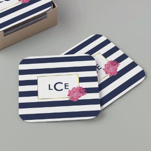 Navy Stripe & Pink Peony Monogram Coasters