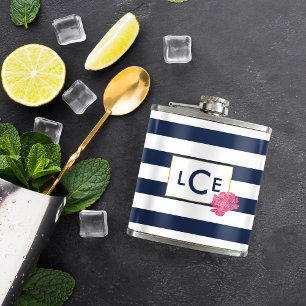 Navy Stripe & Pink Peony Monogram Flask