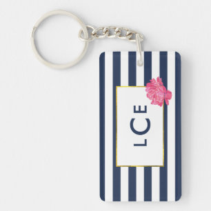 Navy Stripe & Pink Peony Monogram Keychain