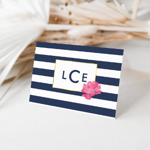Navy Stripe & Pink Peony Monogram Note Cards