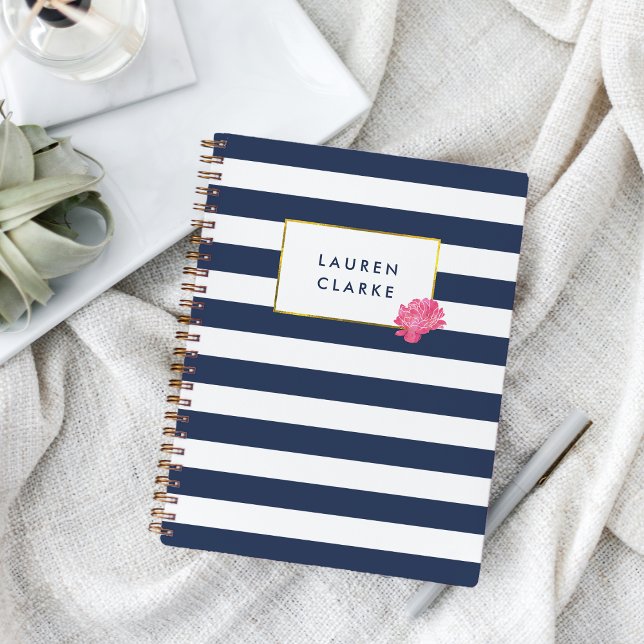 Navy Stripe & Pink Peony Personalised Notebook (Creator Uploaded)