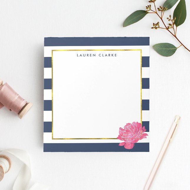Navy Stripe & Pink Peony Personalised Notepad (Creator Uploaded)