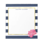 Navy Stripe & Pink Peony Personalised Notepad