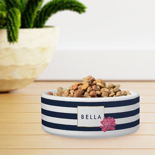 Navy Stripe & Pink Peony Personalised Pet Bowl (Creator Uploaded)