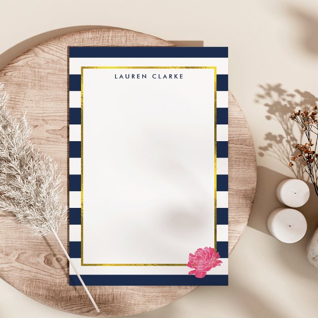 Navy Stripe & Pink Peony Personalised Stationery (Creator Uploaded)