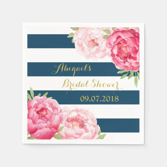 Navy Stripe Pink Watercolor Bridal Shower Napkins (Front)
