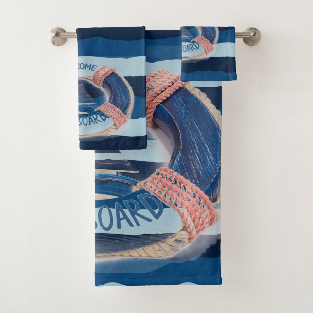  Navy Stripe Welcome on Board Wave Life Buoy   Bath Towel Set (Insitu)